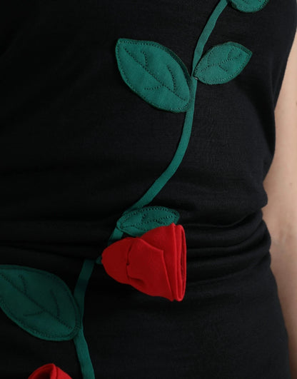 Abito senza maniche in lana nera con applicazione di rose Dolce &amp; Gabbana