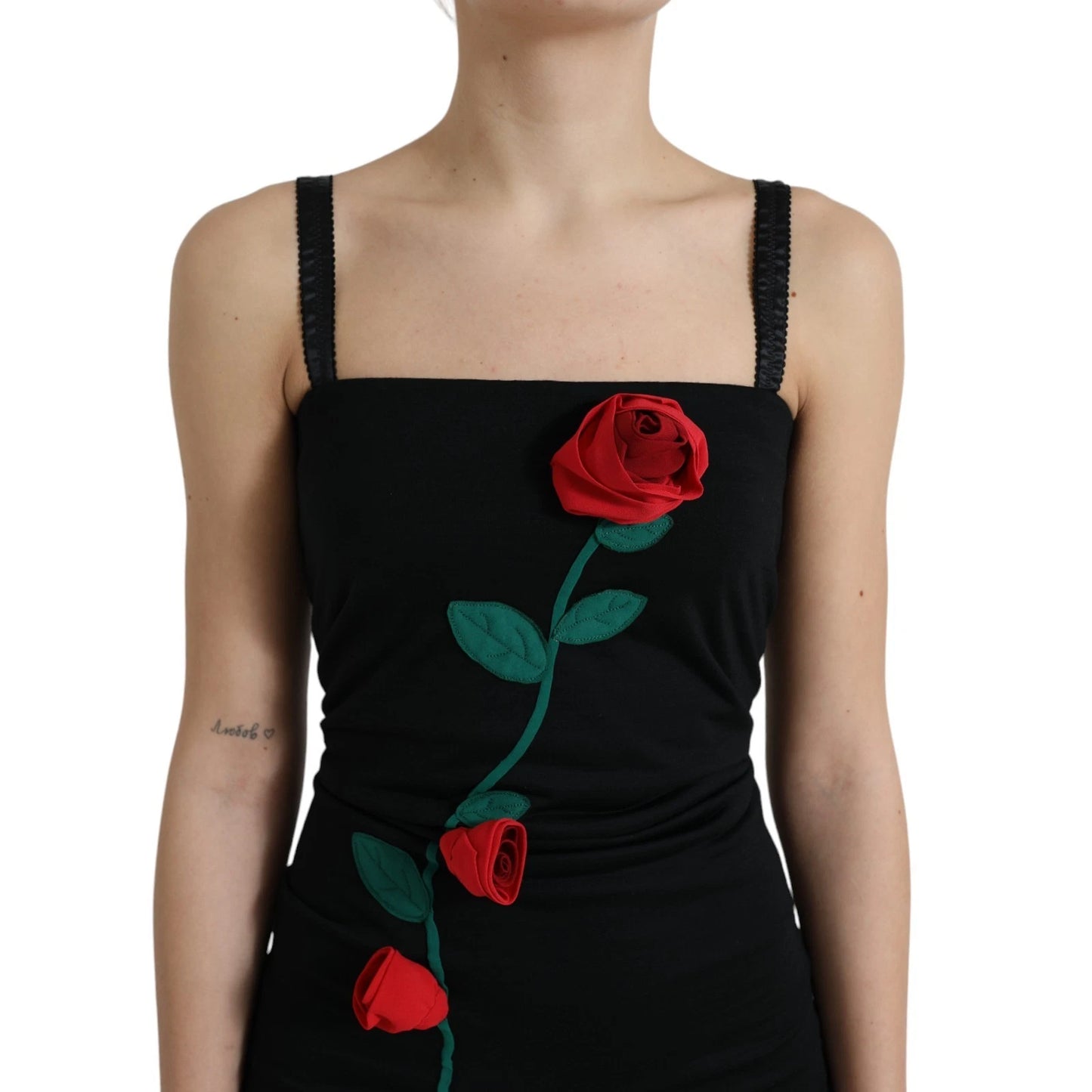 Abito senza maniche in lana nera con applicazione di rose Dolce &amp; Gabbana