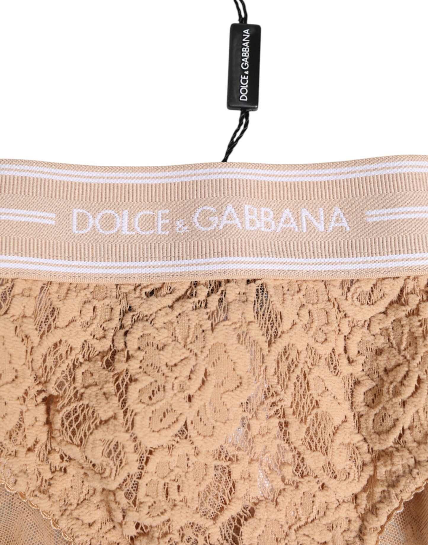 Dolce &amp; Gabbana Slip Brasiliano Beige in Pizzo con Logo in Vita Intimo