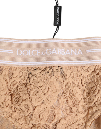 Dolce &amp; Gabbana Slip Brasiliano Beige in Pizzo con Logo in Vita Intimo