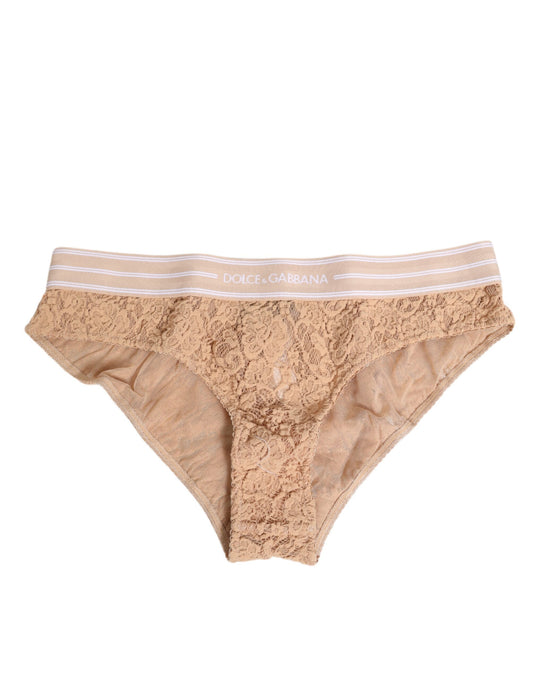 Dolce &amp; Gabbana Slip Brasiliano Beige in Pizzo con Logo in Vita Intimo