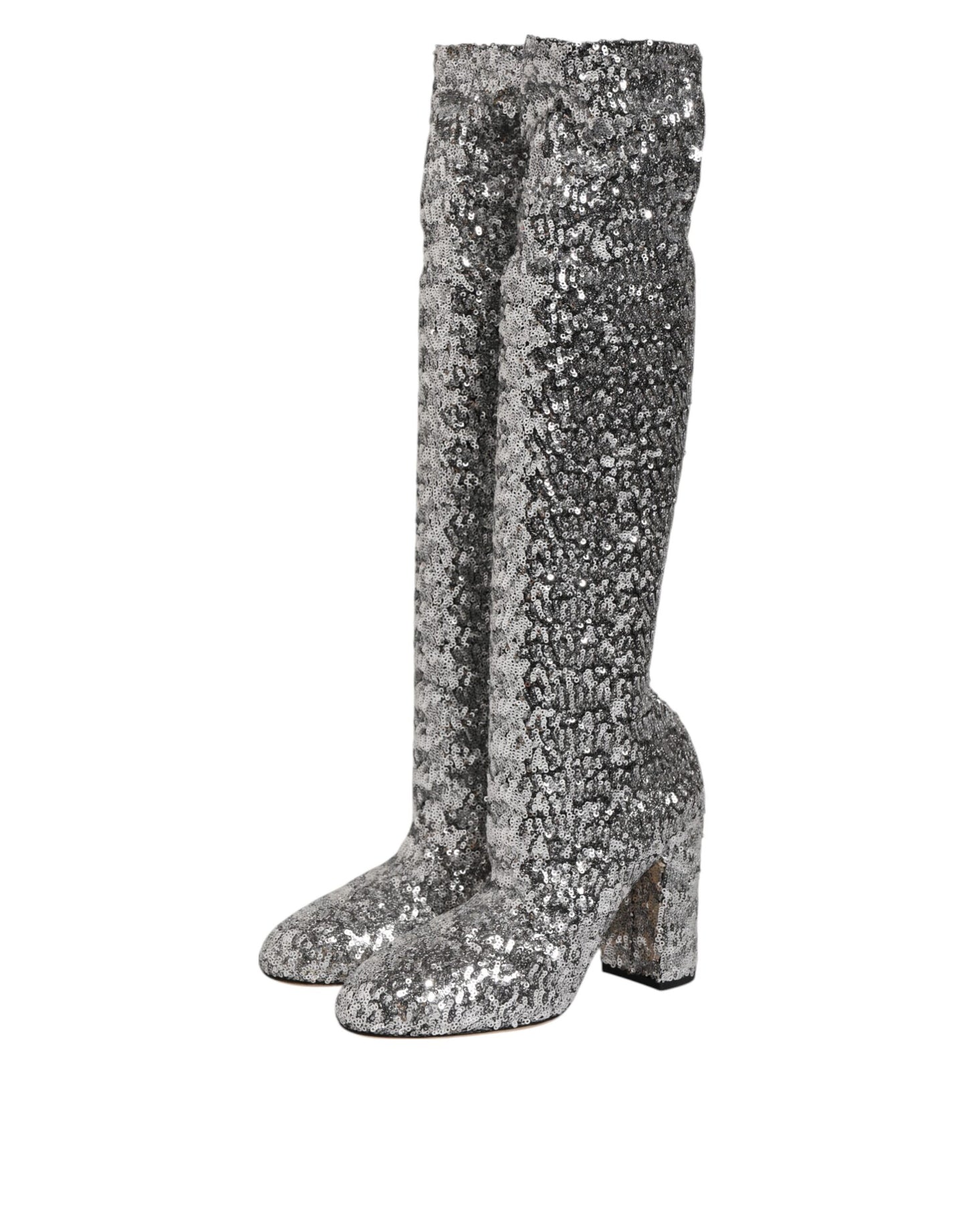 Scarpe Dolce &amp; Gabbana con paillettes argento e glitter, stivali con tacco alto