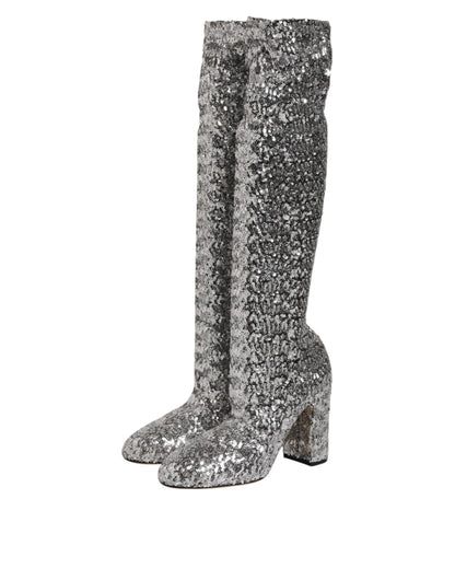 Scarpe Dolce &amp; Gabbana con paillettes argento e glitter, stivali con tacco alto