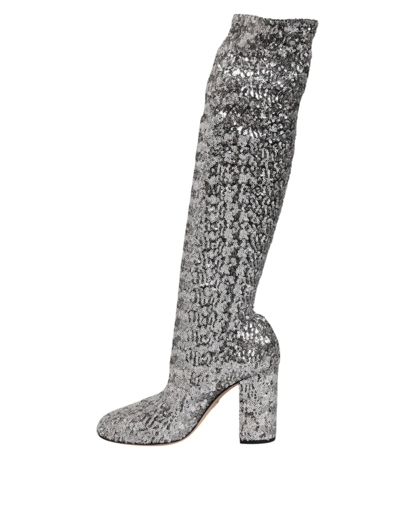 Scarpe Dolce &amp; Gabbana con paillettes argento e glitter, stivali con tacco alto