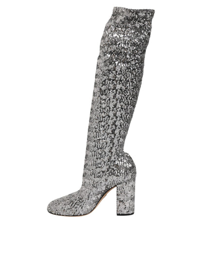 Scarpe Dolce &amp; Gabbana con paillettes argento e glitter, stivali con tacco alto