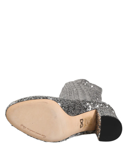 Scarpe Dolce &amp; Gabbana con paillettes argento e glitter, stivali con tacco alto