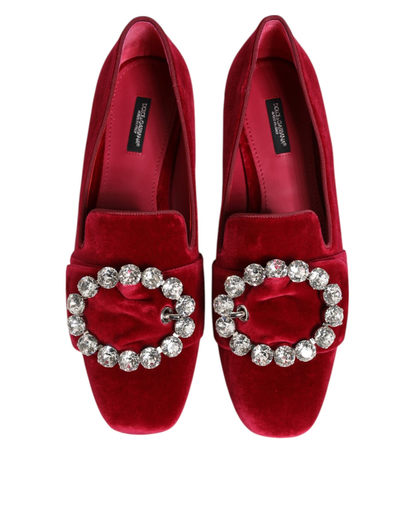 Mocassini con fibbia in cristallo in velluto rosso Dolce &amp; Gabbana