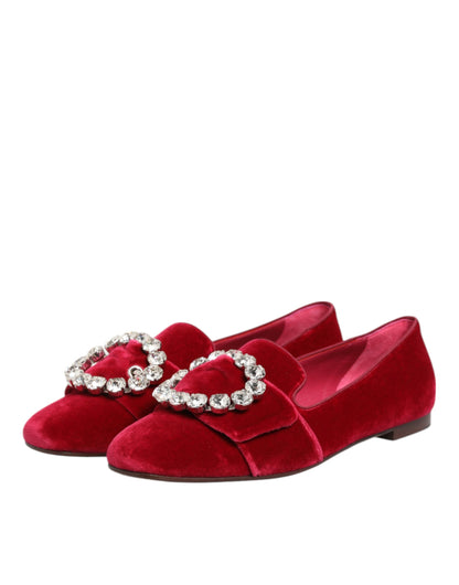 Mocassini con fibbia in cristallo in velluto rosso Dolce &amp; Gabbana