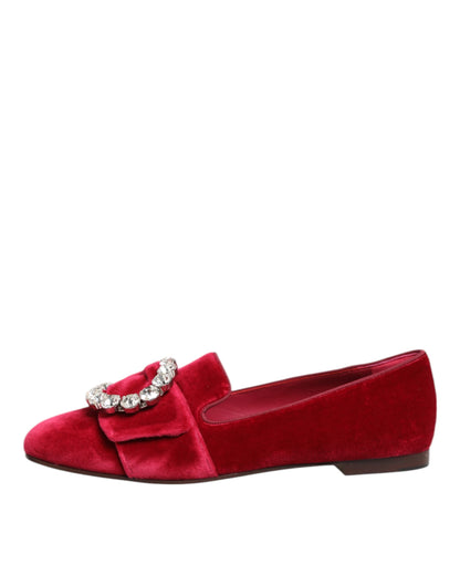 Mocassini con fibbia in cristallo in velluto rosso Dolce &amp; Gabbana