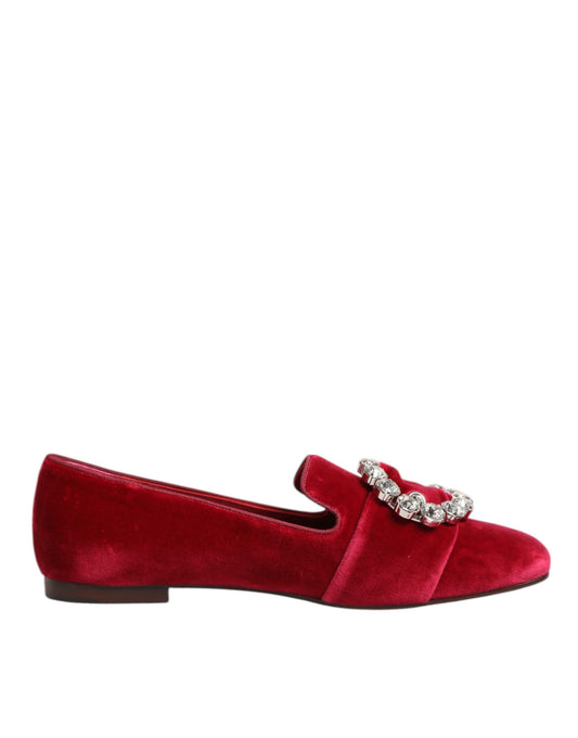 Mocassini con fibbia in cristallo in velluto rosso Dolce &amp; Gabbana