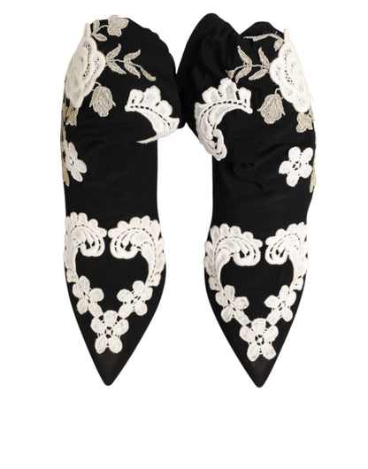 Dolce &amp; Gabbana - Stivali con tacco a spillo in jersey ricamato bianco e nero