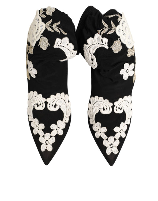 Dolce &amp; Gabbana - Stivali con tacco a spillo in jersey ricamato bianco e nero