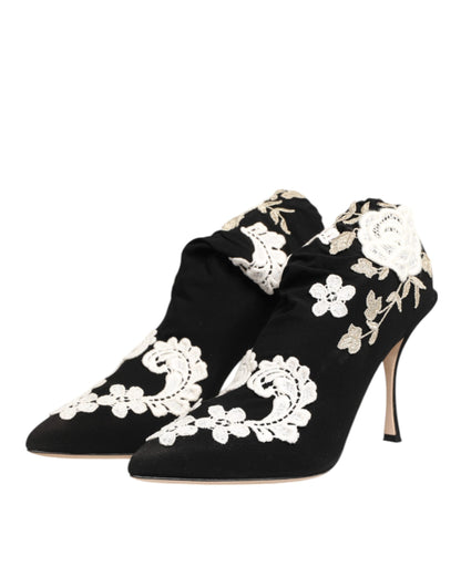 Dolce &amp; Gabbana - Stivali con tacco a spillo in jersey ricamato bianco e nero