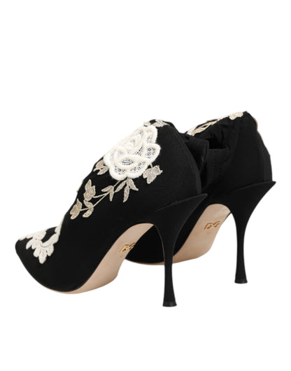 Dolce &amp; Gabbana - Stivali con tacco a spillo in jersey ricamato bianco e nero
