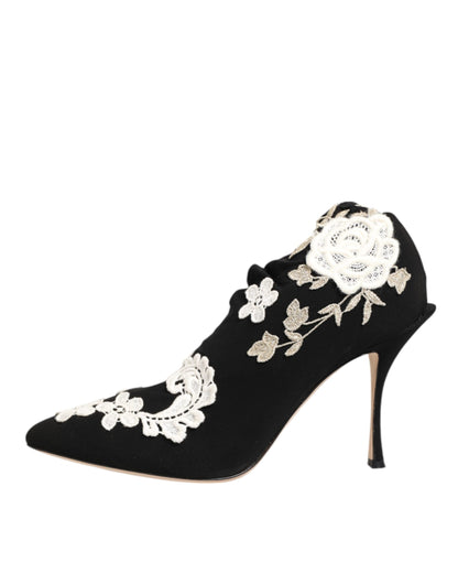 Dolce &amp; Gabbana - Stivali con tacco a spillo in jersey ricamato bianco e nero
