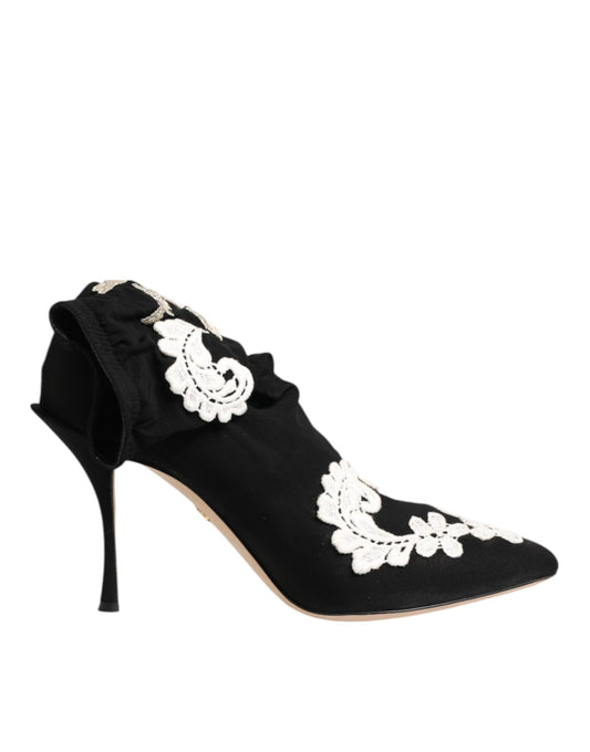 Dolce &amp; Gabbana - Stivali con tacco a spillo in jersey ricamato bianco e nero