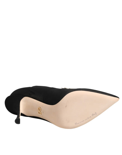 Dolce &amp; Gabbana - Stivali con tacco a spillo in jersey ricamato bianco e nero