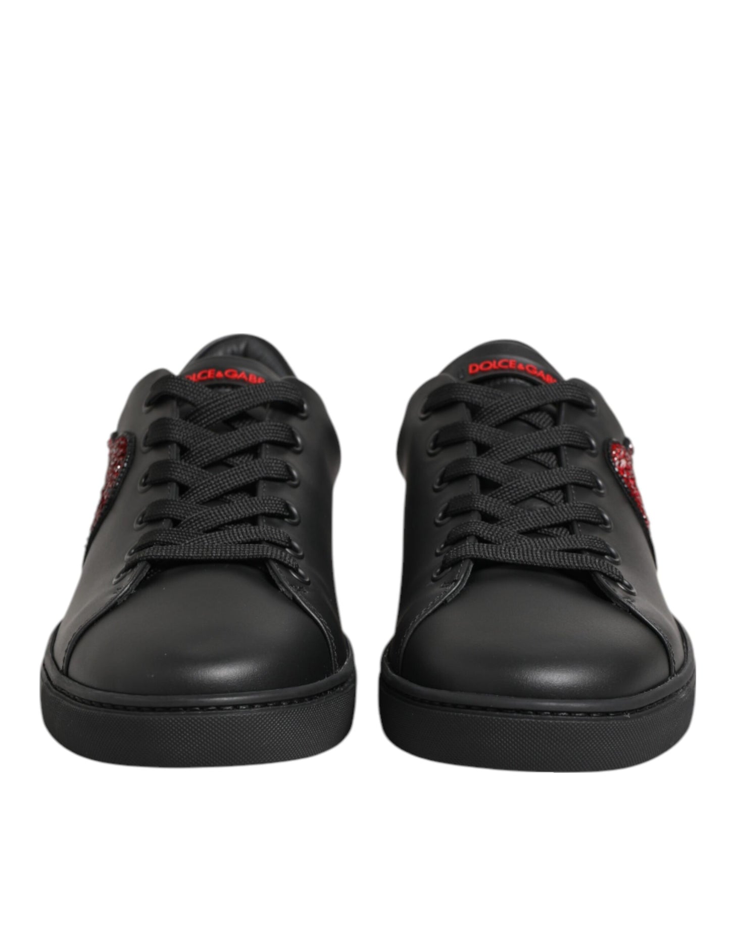 Dolce &amp; Gabbana Scarpe da ginnastica basse in pelle nera con cuore di cristallo