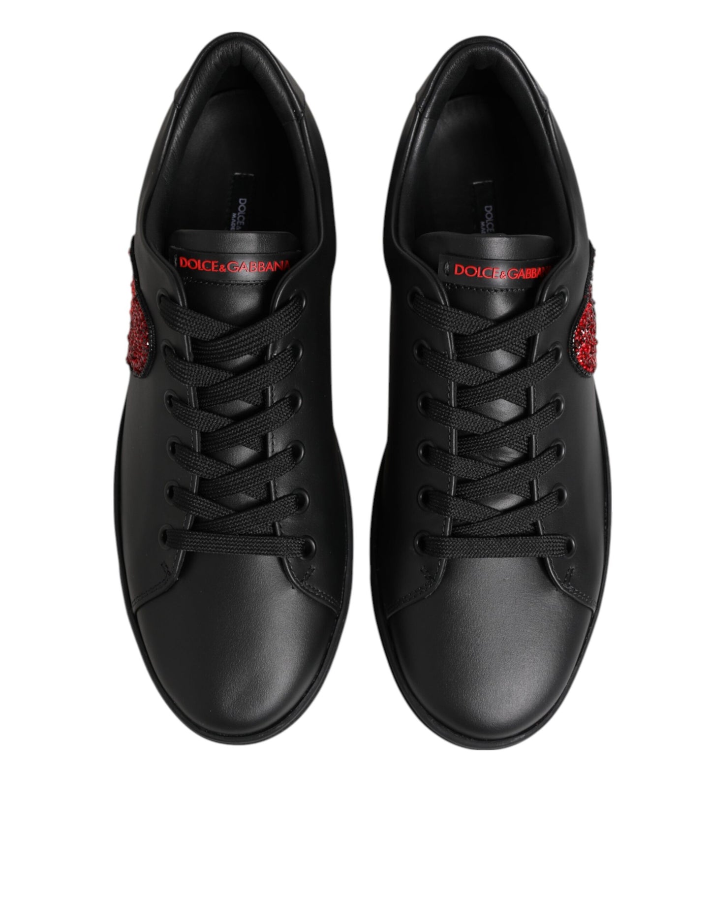 Dolce &amp; Gabbana Scarpe da ginnastica basse in pelle nera con cuore di cristallo