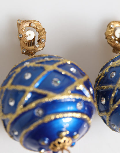 Orecchini a clip con goccia di cristallo e pallina di Natale blu in ottone dorato Dolce &amp; Gabbana