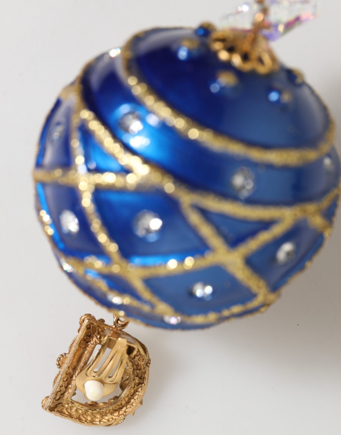Orecchini a clip con goccia di cristallo e pallina di Natale blu in ottone dorato Dolce &amp; Gabbana