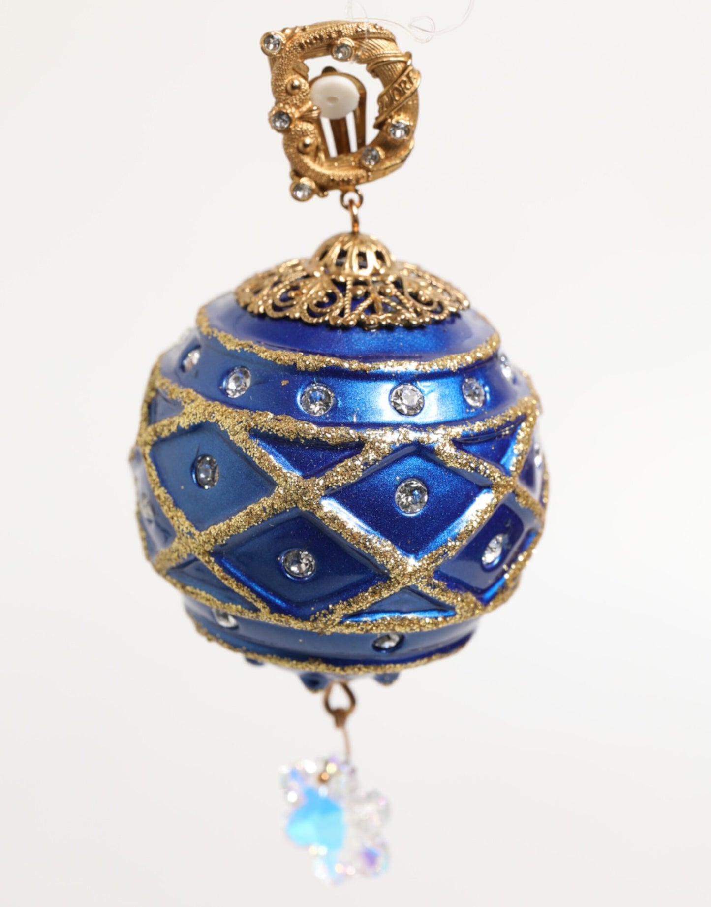 Orecchini a clip con goccia di cristallo e pallina di Natale blu in ottone dorato Dolce &amp; Gabbana