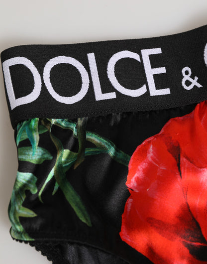 Dolce &amp; Gabbana Slip intimo in seta a vita alta con stampa floreale nera