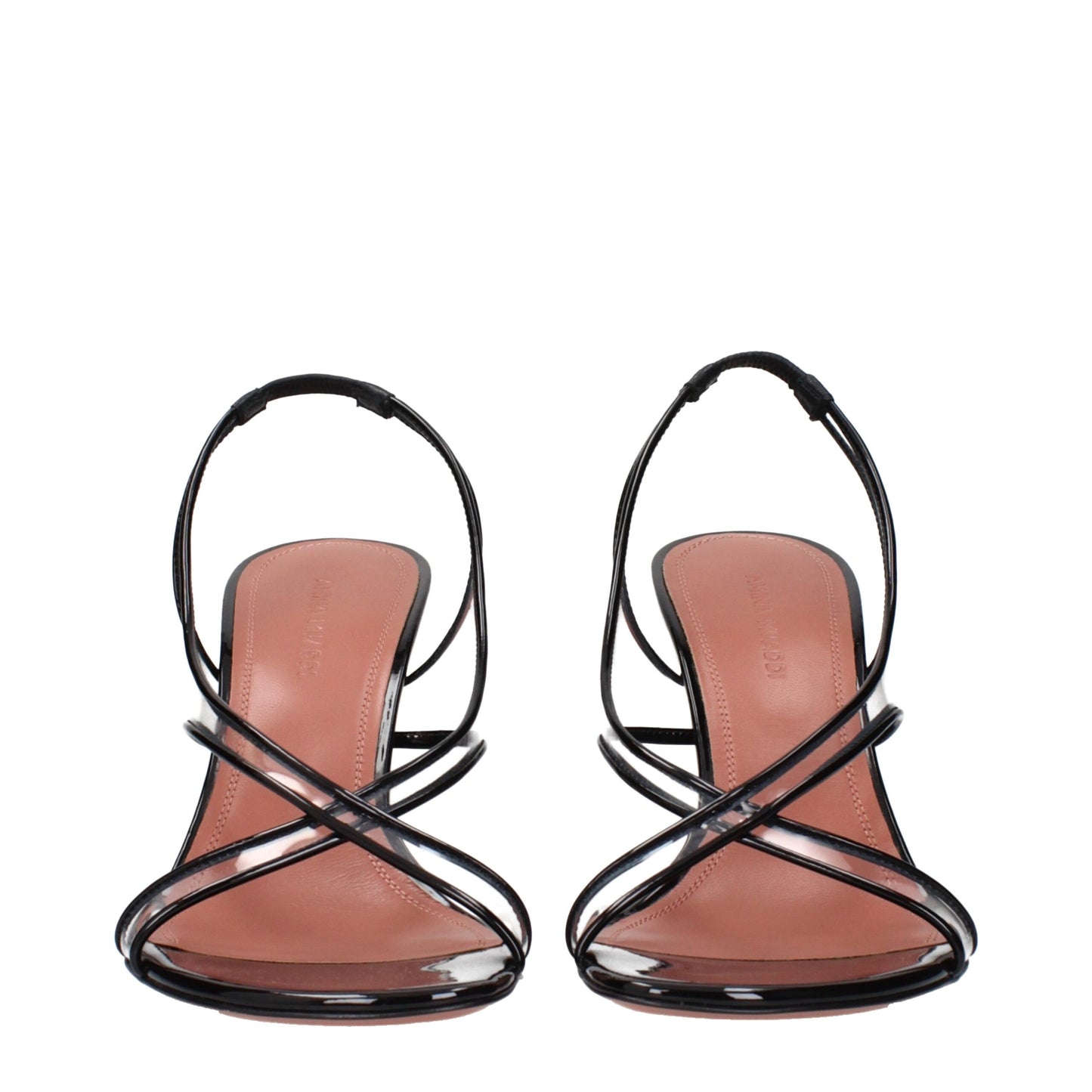 Amina Muaddi Black Leather Stiletto Heel Sandals