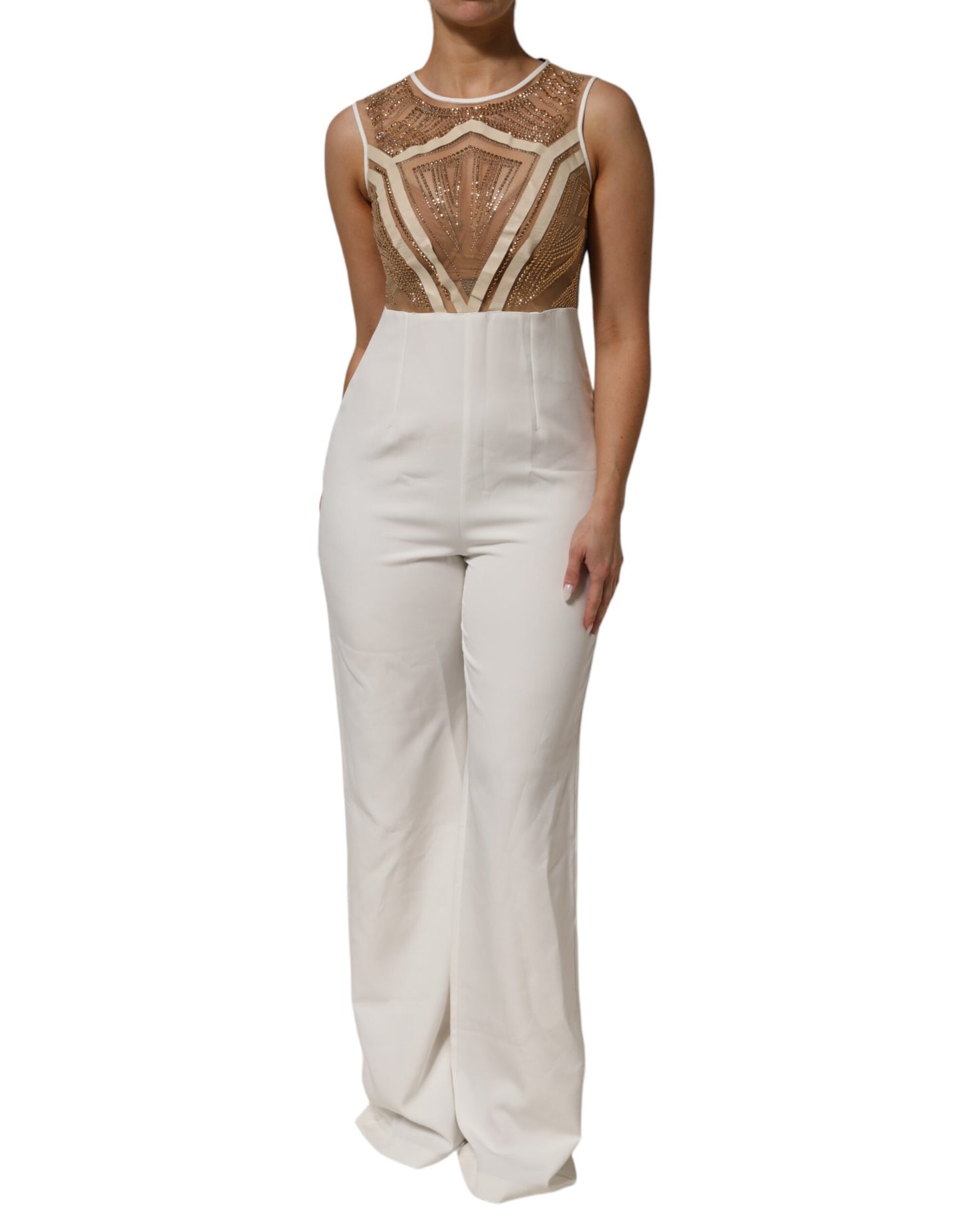 Tuta senza maniche in rete beige bianco con cristalli Mangano