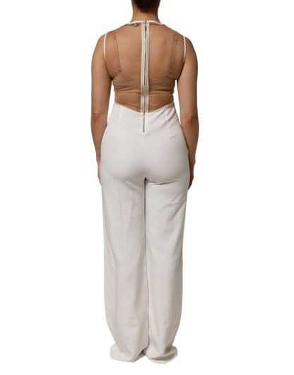 Tuta senza maniche in rete beige bianco con cristalli Mangano