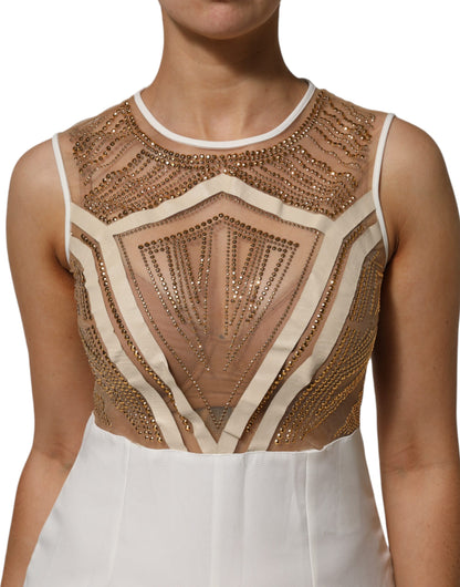 Tuta senza maniche in rete beige bianco con cristalli Mangano