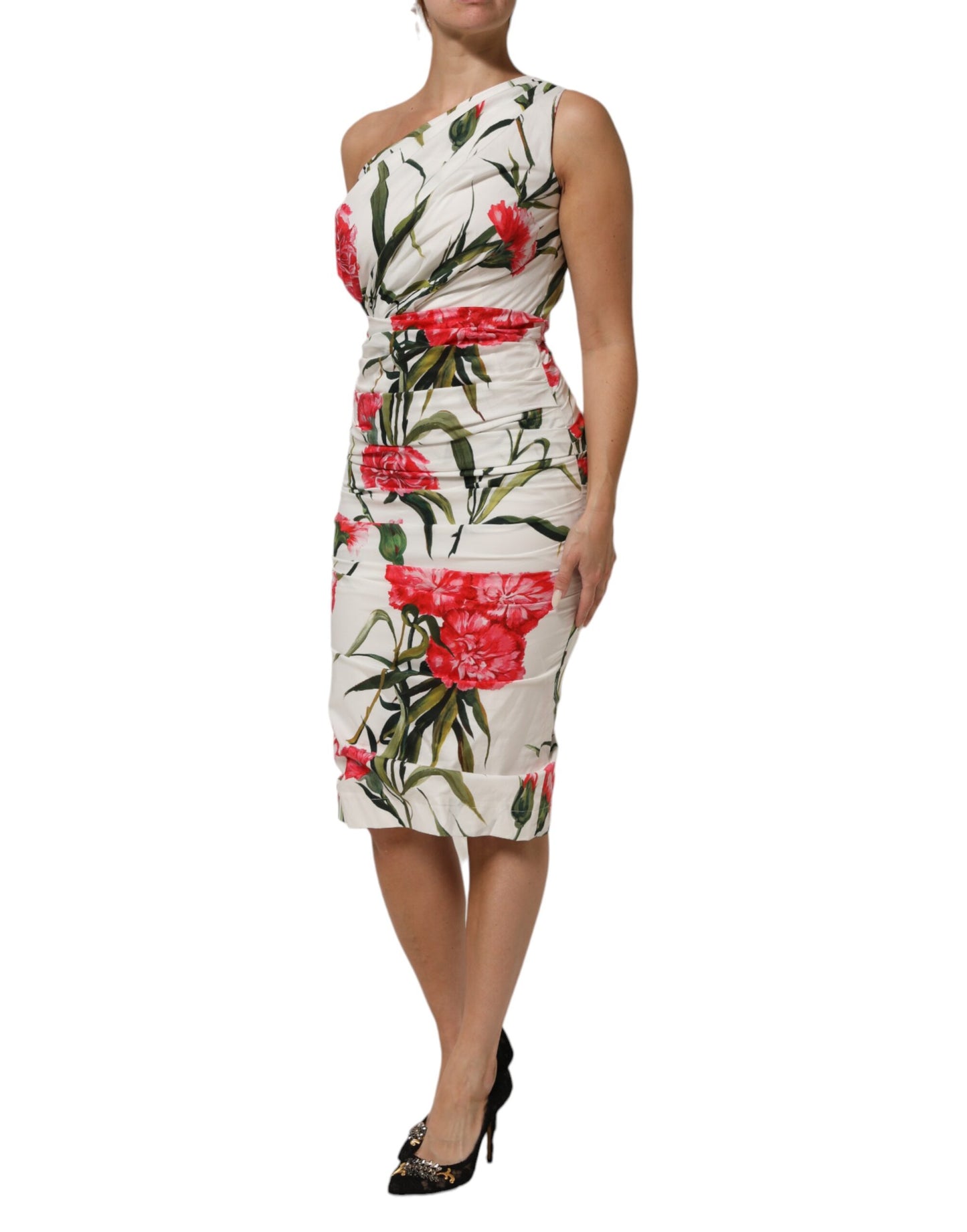 Abito monospalla bianco floreale Dolce & Gabbana