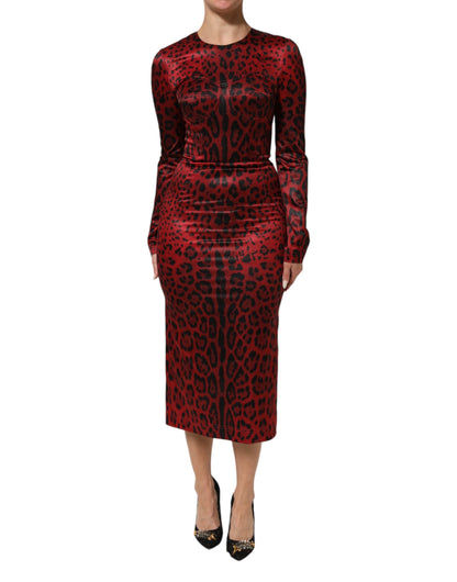 Abito a tubino con maniche lunghe in stampa leopardata rossa Dolce &amp; Gabbana