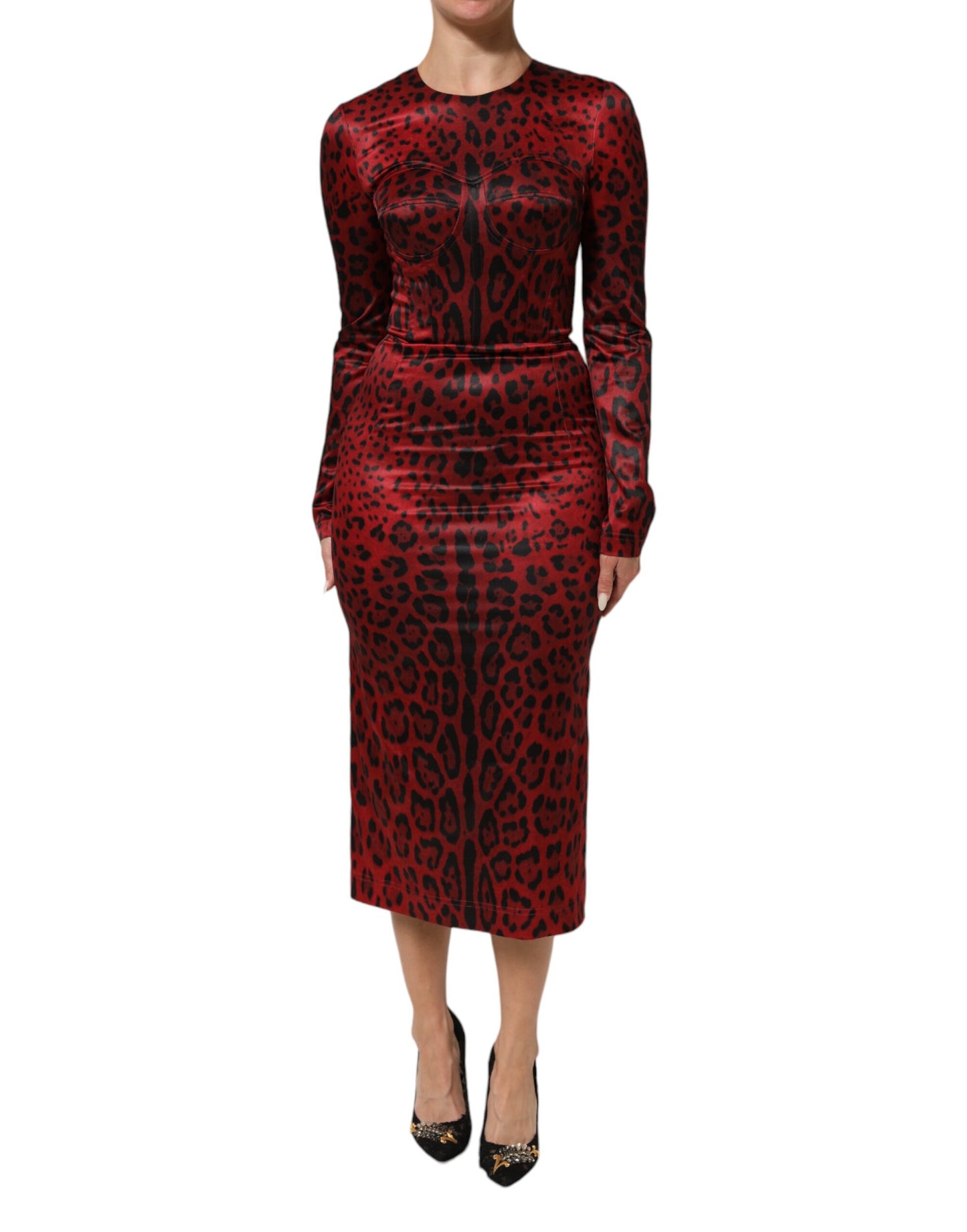 Abito a tubino con maniche lunghe in stampa leopardata rossa Dolce &amp; Gabbana