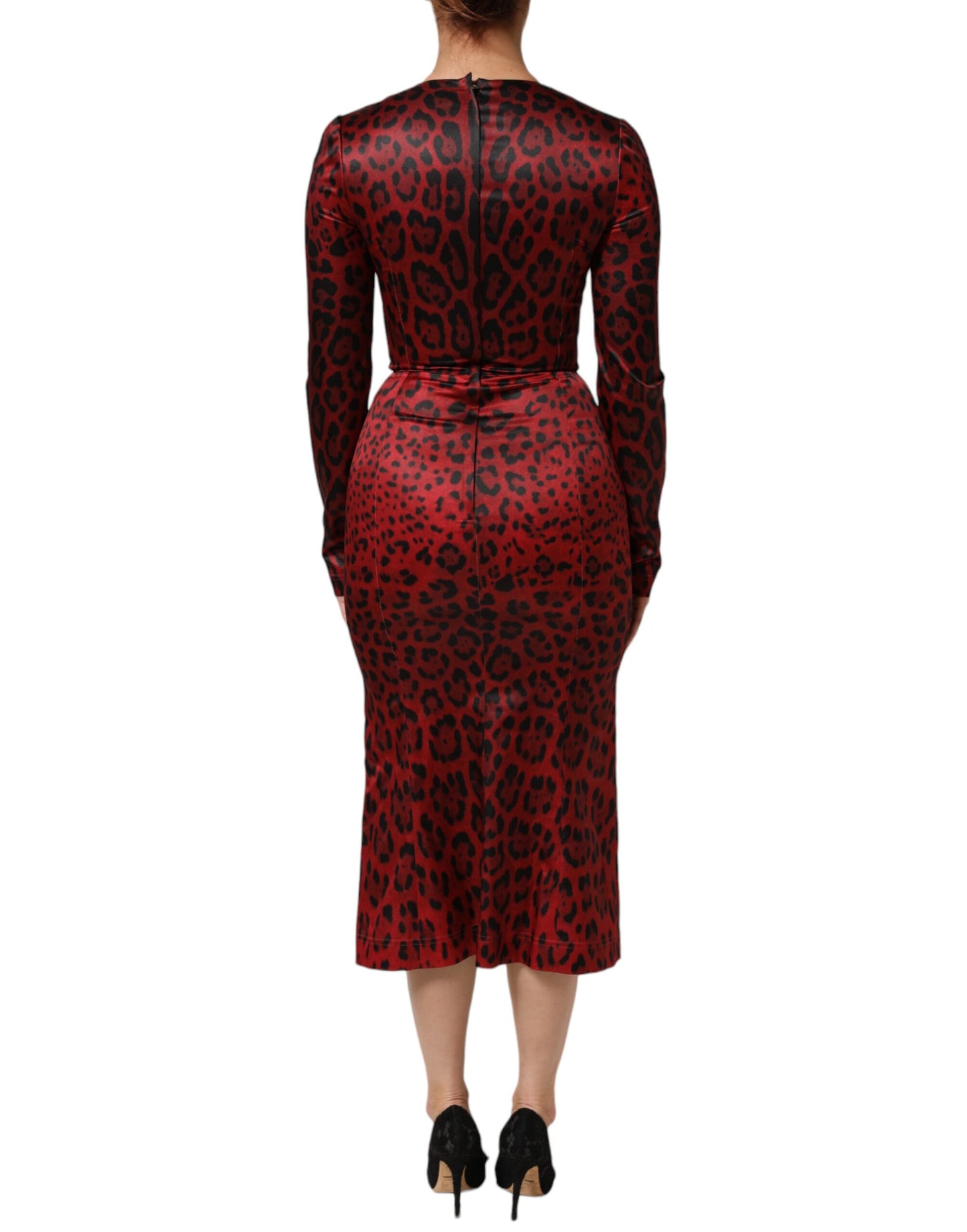 Abito a tubino con maniche lunghe in stampa leopardata rossa Dolce &amp; Gabbana