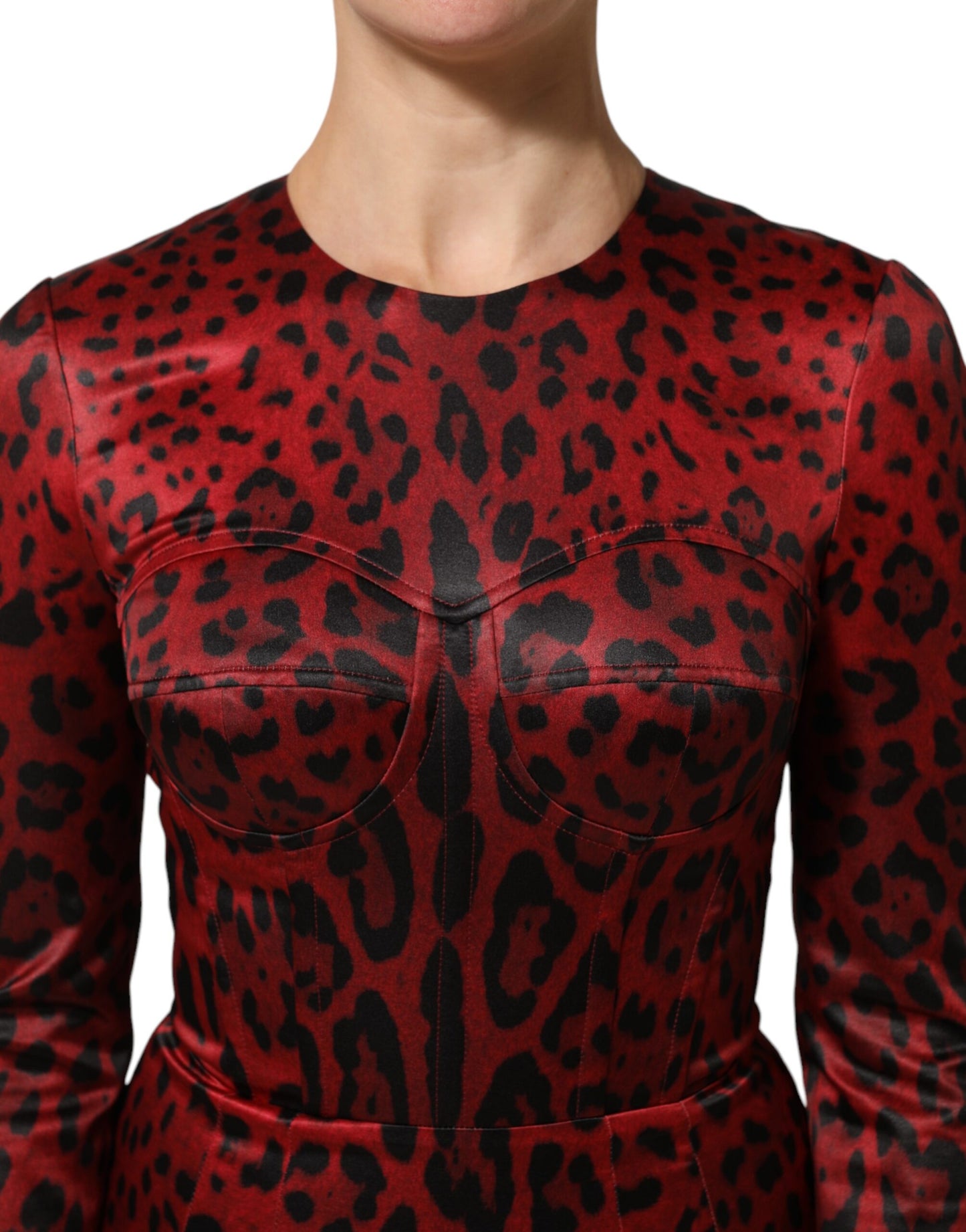Abito a tubino con maniche lunghe in stampa leopardata rossa Dolce &amp; Gabbana