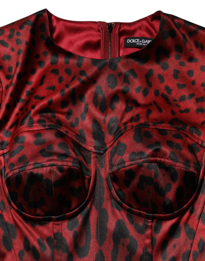 Abito a tubino con maniche lunghe in stampa leopardata rossa Dolce &amp; Gabbana