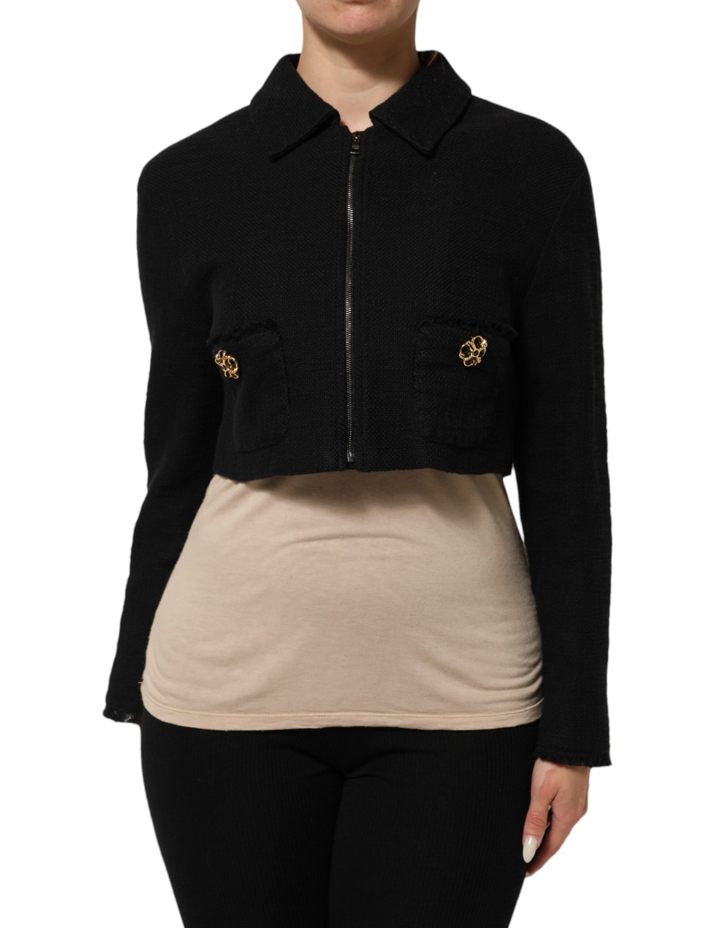 Giacca corta con zip intera in cotone nero Dolce &amp; Gabbana