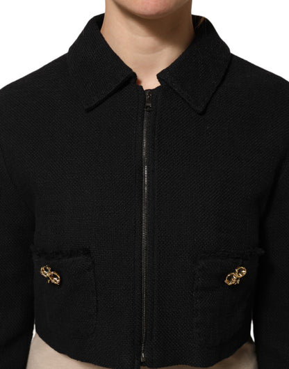Giacca corta con zip intera in cotone nero Dolce &amp; Gabbana