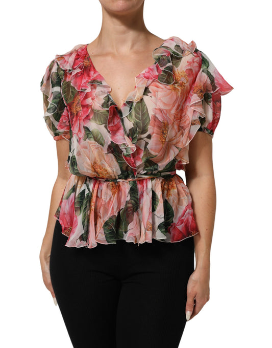 Dolce &amp; Gabbana - Blusa in seta con scollo a V e stampa camelie rosa