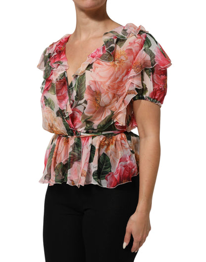 Dolce &amp; Gabbana - Blusa in seta con scollo a V e stampa camelie rosa