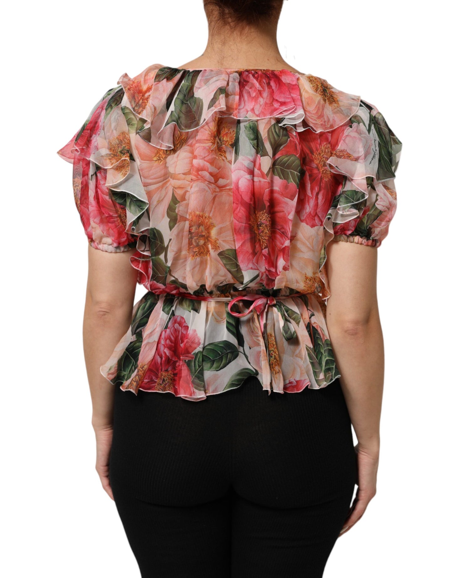 Dolce &amp; Gabbana - Blusa in seta con scollo a V e stampa camelie rosa