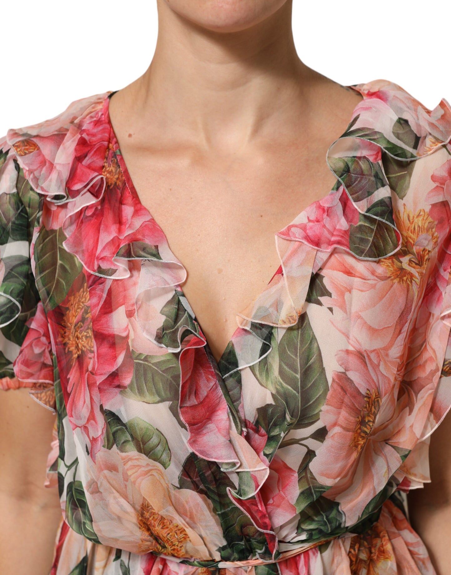 Dolce &amp; Gabbana - Blusa in seta con scollo a V e stampa camelie rosa