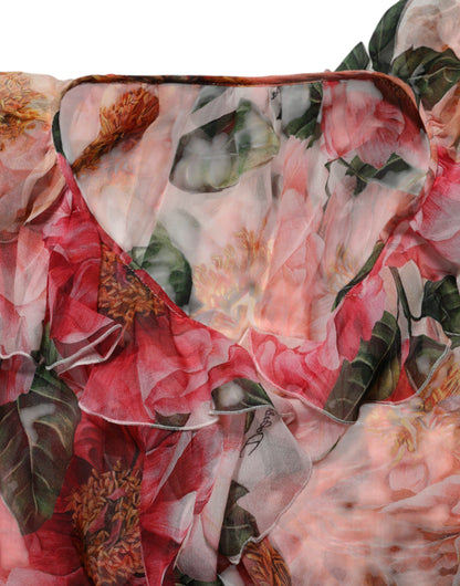 Dolce &amp; Gabbana - Blusa in seta con scollo a V e stampa camelie rosa