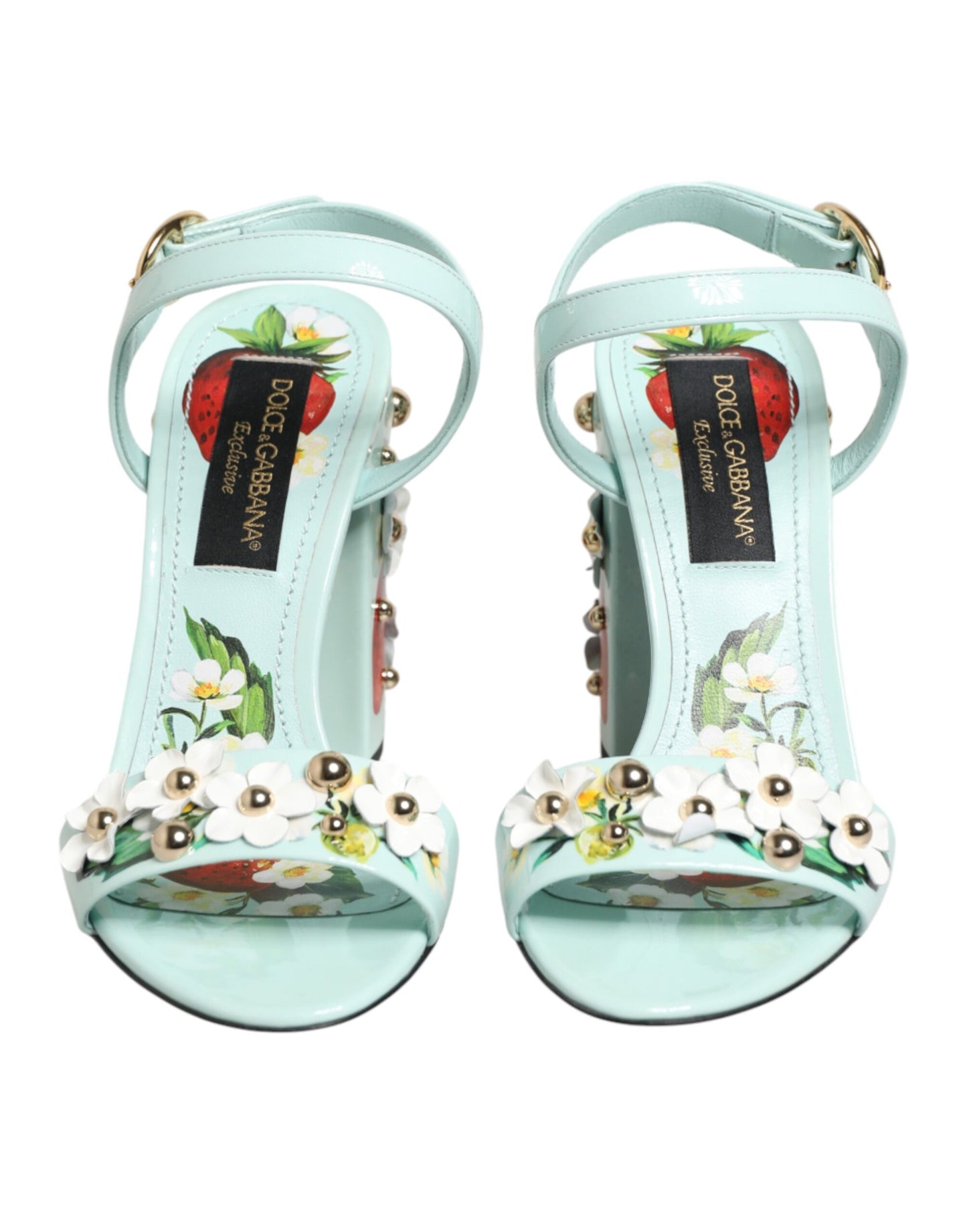 Sandali con tacco Dolce &amp; Gabbana color verde menta con borchie floreali