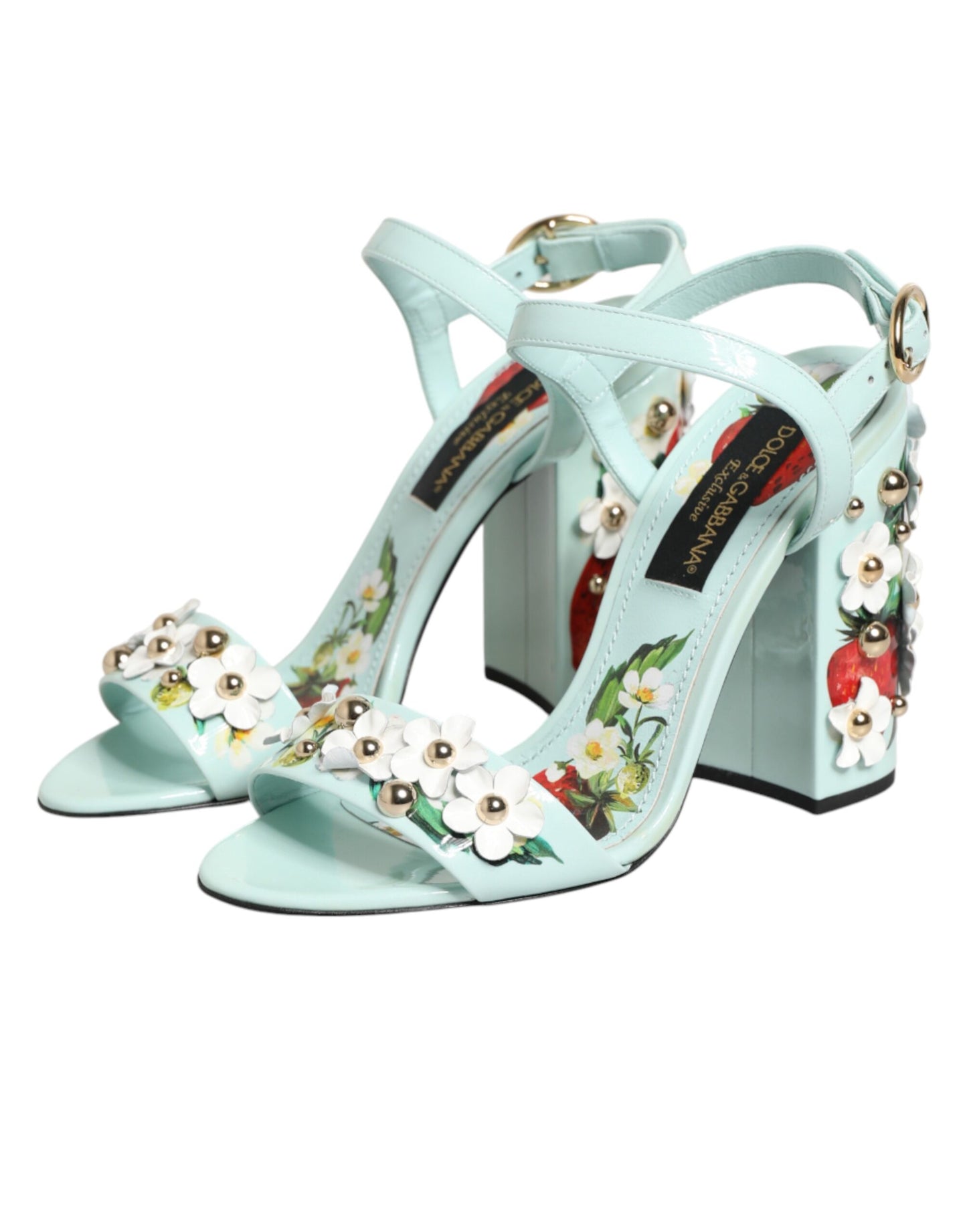 Sandali con tacco Dolce &amp; Gabbana color verde menta con borchie floreali