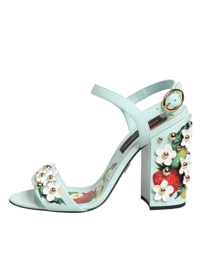 Sandali con tacco Dolce &amp; Gabbana color verde menta con borchie floreali