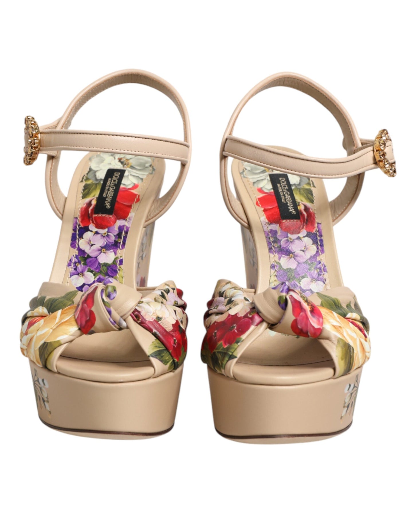 Sandali con zeppa e cinturino alla caviglia con stampa floreale beige Dolce &amp; Gabbana