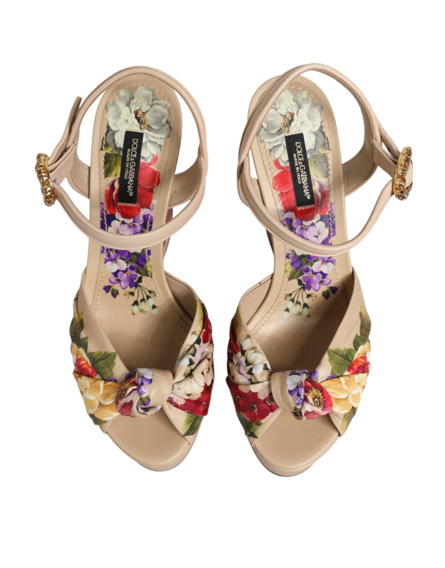 Sandali con zeppa e cinturino alla caviglia con stampa floreale beige Dolce &amp; Gabbana