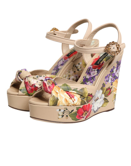 Sandali con zeppa e cinturino alla caviglia con stampa floreale beige Dolce &amp; Gabbana